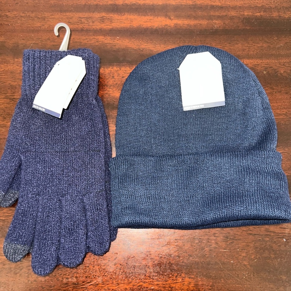 Navy Blue Knit Beanie and Gloves Set